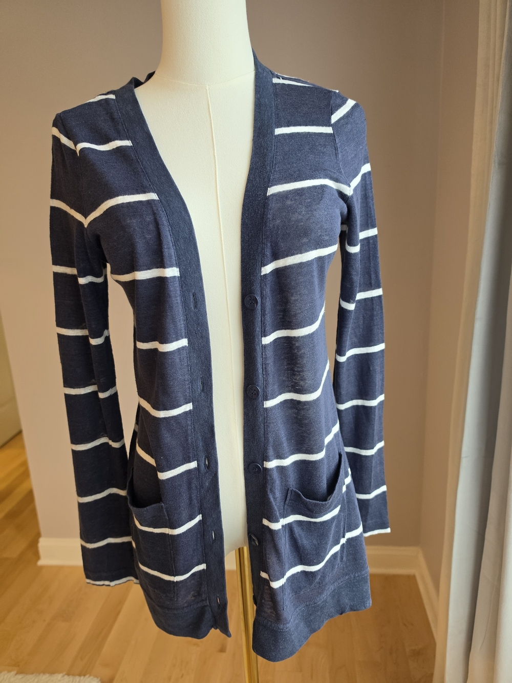 Banana Republic Navy and White Striped Lightweight Cardigan
